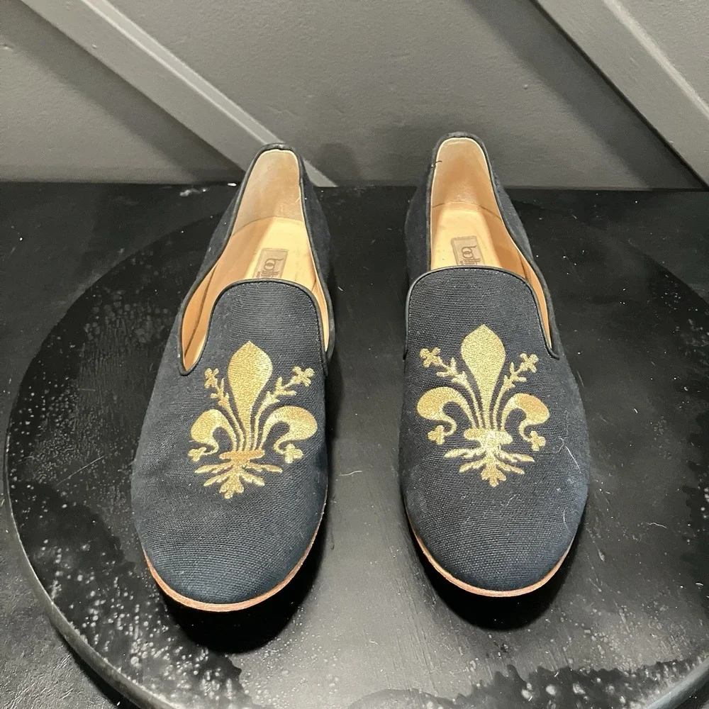 Botticelli Womens Sz US 9 EU 39 Navy Gold Fleur de Lis Leather Smoking Loafers